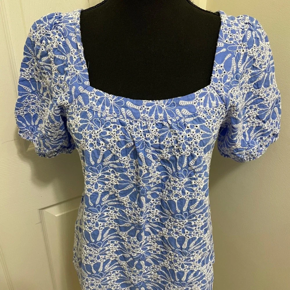 LOFT  Eyelet Puff Sleeve Top Blue White Square Neck Shirt Cottage Coquette Small